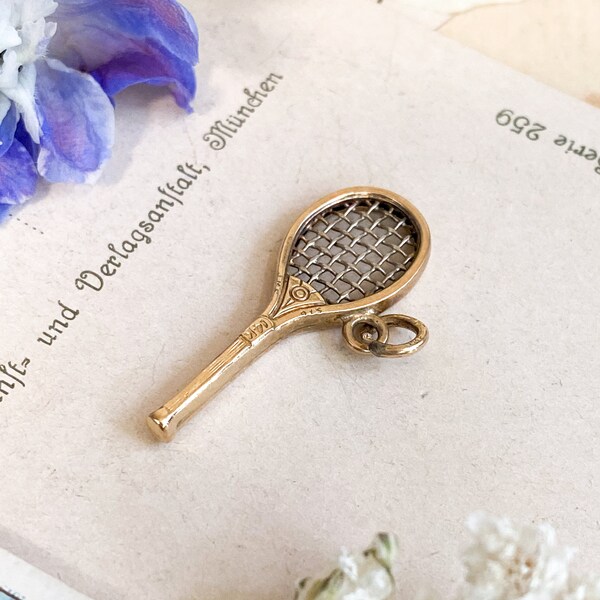 Vintage Gold Tennis Racket Charm, Tennis Player, Solid Gold Tennis Charm, 14K Gold Sports Charm, Country Club Charm, Gift for tennis girl