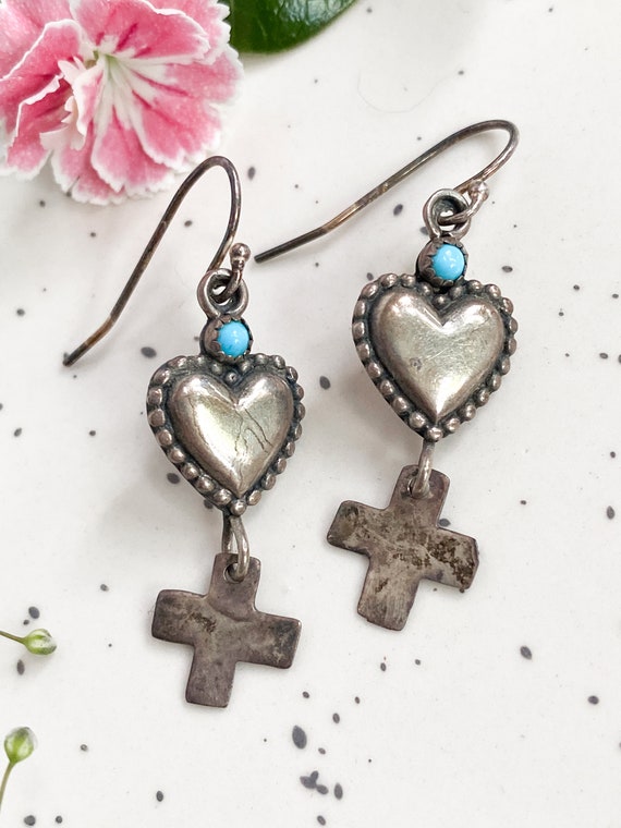 Vintage Silver heart earrings, cross earrings, So… - image 8