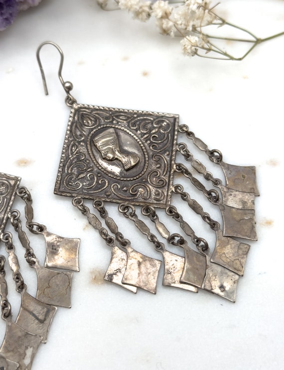 HUGE Vintage Egyptian revival earrings, Silver eg… - image 3