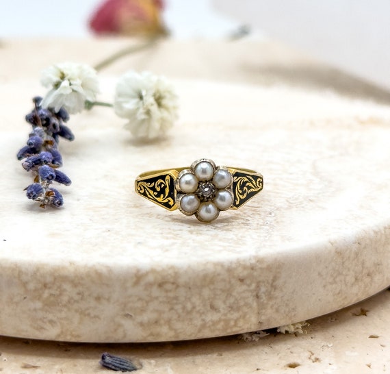 Antique Mourning Ring 14K Solid Gold Victorian RI… - image 4