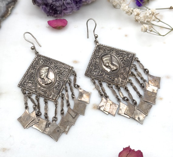 HUGE Vintage Egyptian revival earrings, Silver eg… - image 1