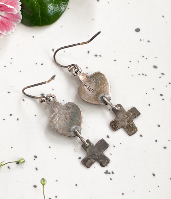 Vintage Silver heart earrings, cross earrings, So… - image 5