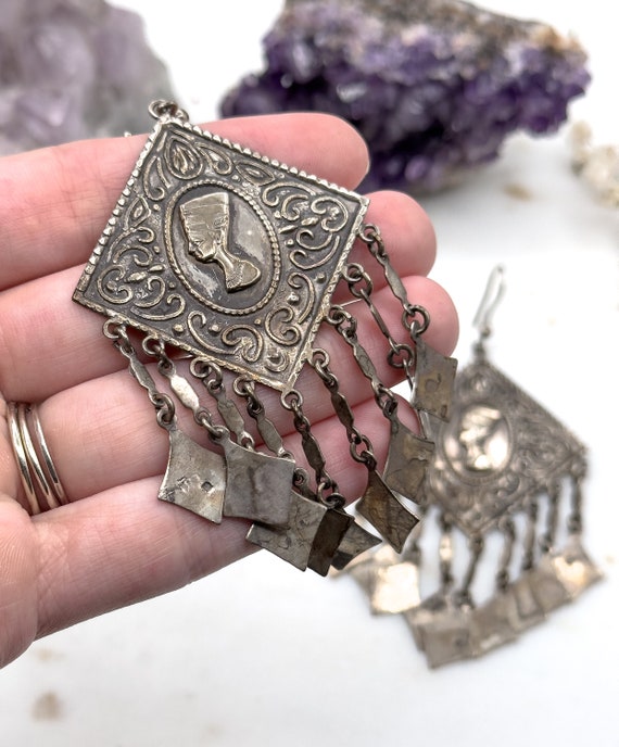 HUGE Vintage Egyptian revival earrings, Silver eg… - image 6