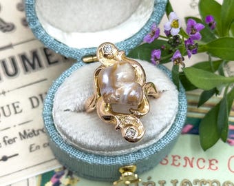 Art Nouveau Baroque Pearl Ring: Antique 14K Gold Diamond Ring, Size 3.5