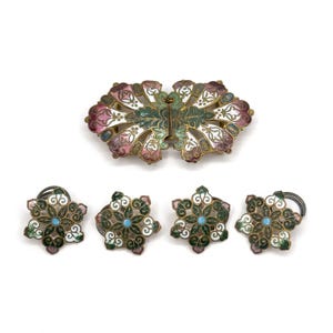 Antique Champleve Enamel Buckle & Button Set, Enamel Buckle Art Nouveau Turn of the Century Colorful