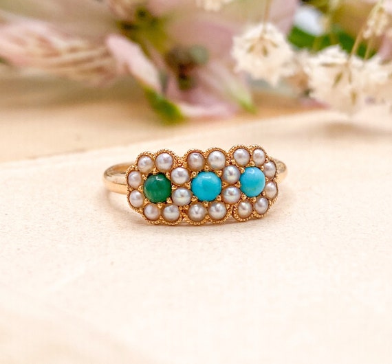 Victorian Turquoise & Seed Pearl Ring in 18Kt Sol… - image 1