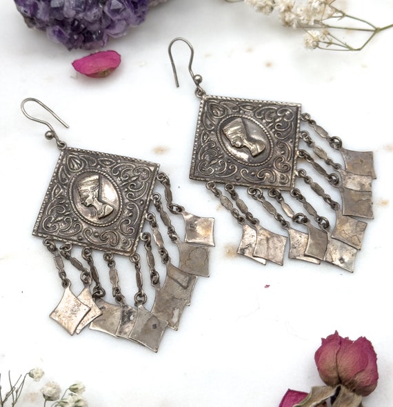 HUGE Vintage Egyptian revival earrings, Silver eg… - image 4