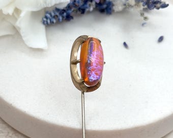 Vintage Dragons Breath Glass Cabochon Stick Pin Antique Stick Pin Hat Pin Art Glass Irridescent Glass Stick pin belcher setting Pink Purple