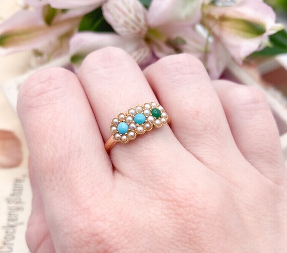 Victorian Turquoise & Seed Pearl Ring in 18Kt Sol… - image 7