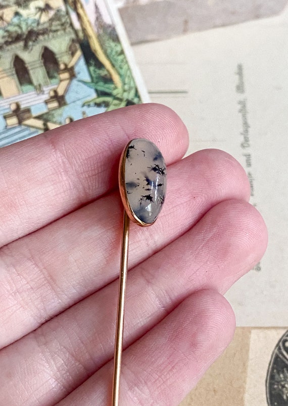 Victorian Dendritic agate stick pin, 14k yellow g… - image 8