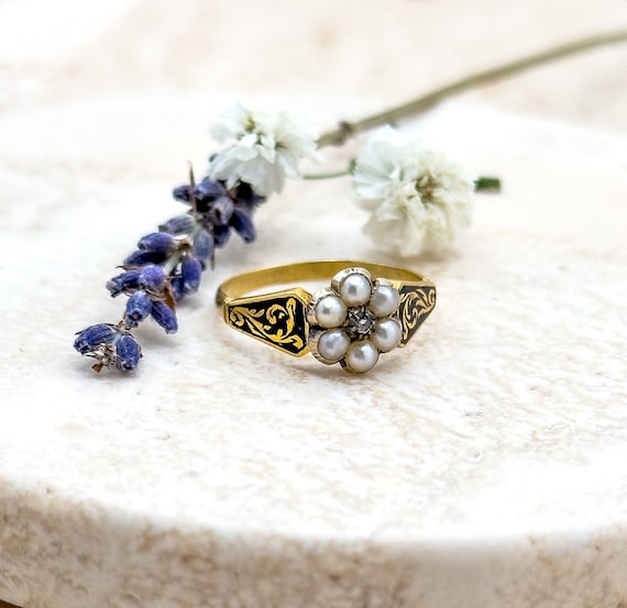 Antique Mourning Ring 14K Solid Gold Victorian RI… - image 1