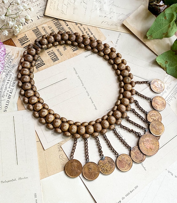 AWESOME Antique Coin necklace vintage bookchain ne