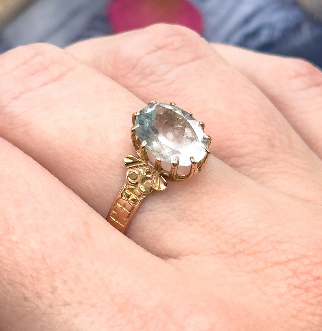 Victorian Aquamarine Ring in 10K Rose Gold, Antique Aquamarine Ring, Something Blue March
