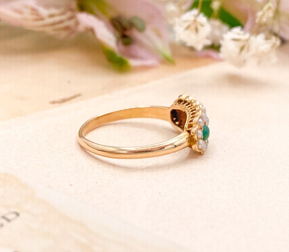 Victorian Turquoise & Seed Pearl Ring in 18Kt Sol… - image 3