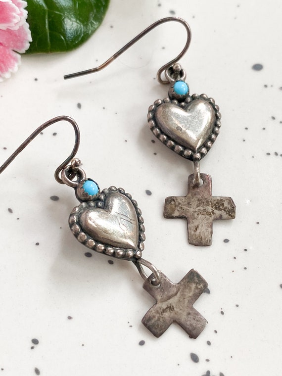 Vintage Silver heart earrings, cross earrings, So… - image 2