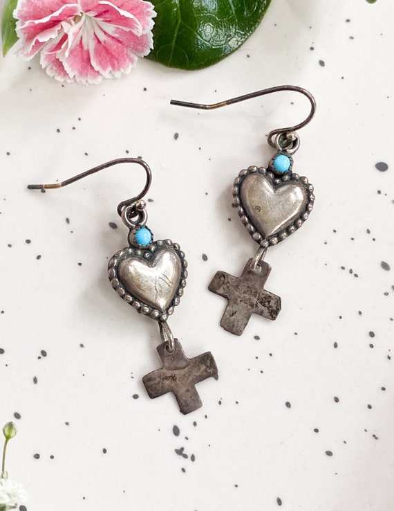 Vintage Silver heart earrings, cross earrings, So… - image 6