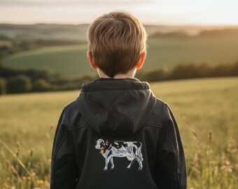 Kids Soft Shell Jacket: Embroidered Cow Design