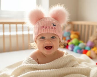 Personalised Baby Hat: Waffle Knit, Double Pom Pom, age 2-5 Years