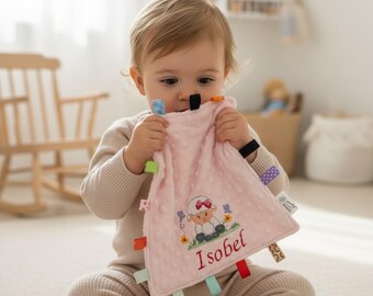 Personalised Lamb Taggy Blanket: Dimple Fleece Baby Sensory Soother