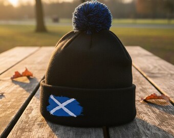Black Knit Beanie with Scottish Flag and Blue Pom Pom, Unisex Scotland Hat