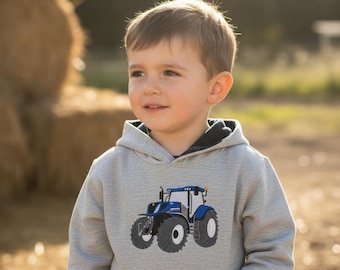 Blue Tractor Kids Hoodie: Embroidered Farm Vehicle Jumper
