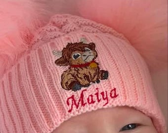 Personalised Baby Hat: Waffle Knit Double Pom Pom with highland cow embroidery