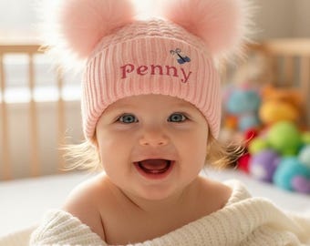 Personalised Baby Hat: Waffle Knit Double Pom Pom, 0-12 Months