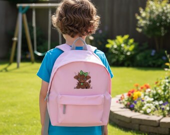 Pink Kids Backpack – Embroidered Highland Cow School Bag