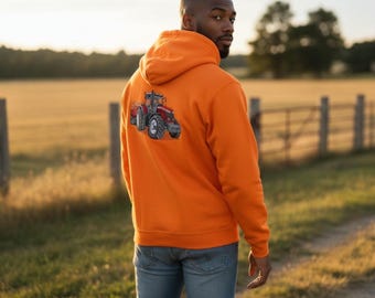 Men’s Tractor Embroidered Hoodie, Neon Orange Hoodie