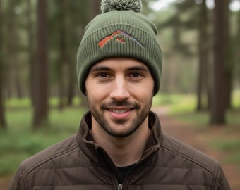 Men's Embroidered Shotgun Pom Pom Beanie, Acrylic Knit Hat