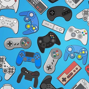 May include: A colourful pattern of various video game controllers, including a Nintendo Switch, a PlayStation 4 controller, a GameCube controller, and a Sega Genesis controller. The controllers are all on a blue background.
