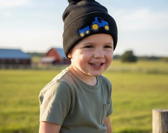 Tractor Pom Pom Beanie: Embroidered Farm Hat, Boys Winter Knit