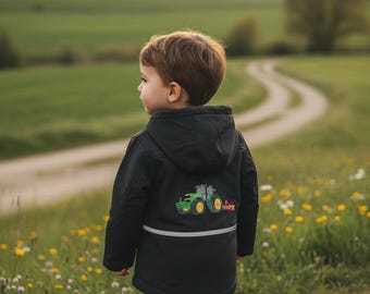 Kids Soft Shell Jacket: Embroidered Green Tractor Design