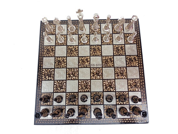 The Exquisite Carved Brass Chess Set  Solid Metal Combo Chess Pieces &  Metal Brass Board Luxury Chess Set 