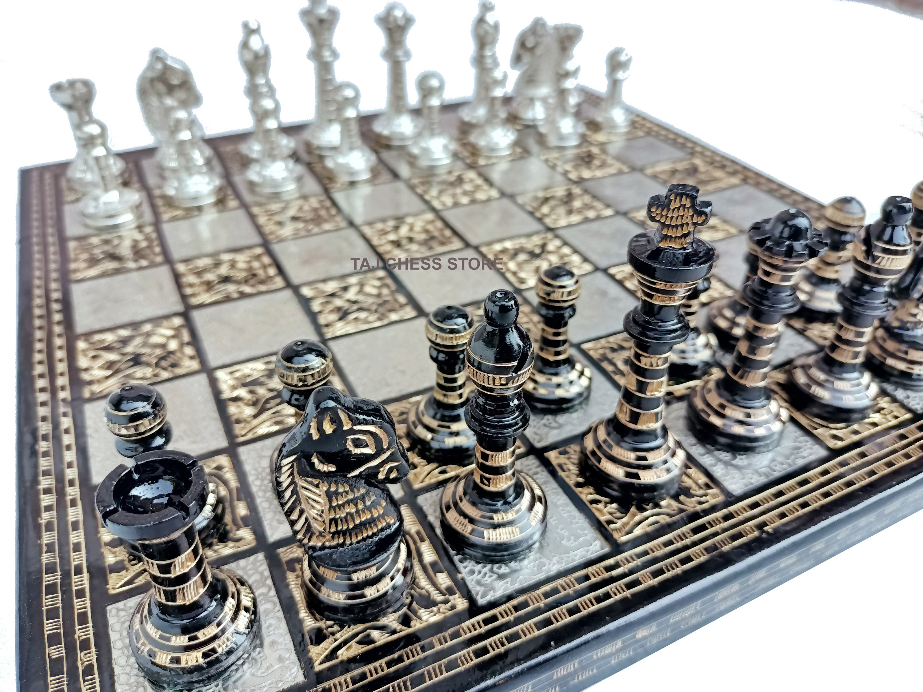 The Palm Art Series Chess set , Silver & Black Coated Brass , 3.5 King  with 12 Brass Chess Board