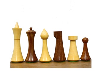 Unique Minimalist Hermann Ohme Chess Pieces- Sheesham(Golden Rosewood) &  Natural boxwood-2 Extra Queens