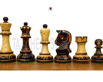 Dubrovnik Chess Pieces Burnt Lacquered- Reproduction of 1970's Bobby Fischer Chessmen- king 3.7"| Luxury Chess Pieces | 2 Extra Queens
