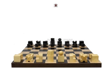 1923 Bauhaus Model Chess Set | Wooden chessmen With 17" Ebony Wood Chess board with Sheesham borders|Mid Century Chess Set- Taj Chess Store