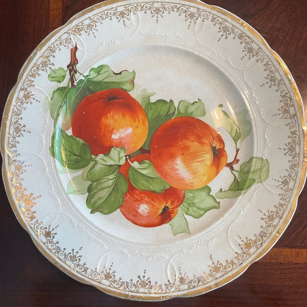 Antique porcelain plate with fruit (apple) motif; beautiful gold trim