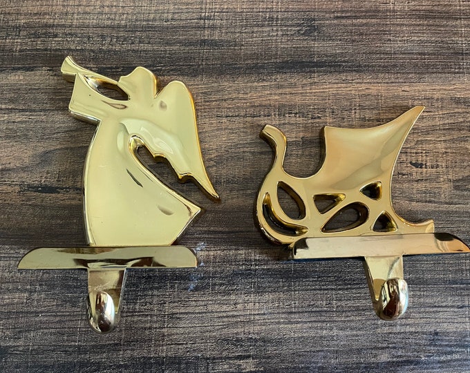 Vintage Brass Christmas Stocking Holders Set of 2 angel and Sled Etsy