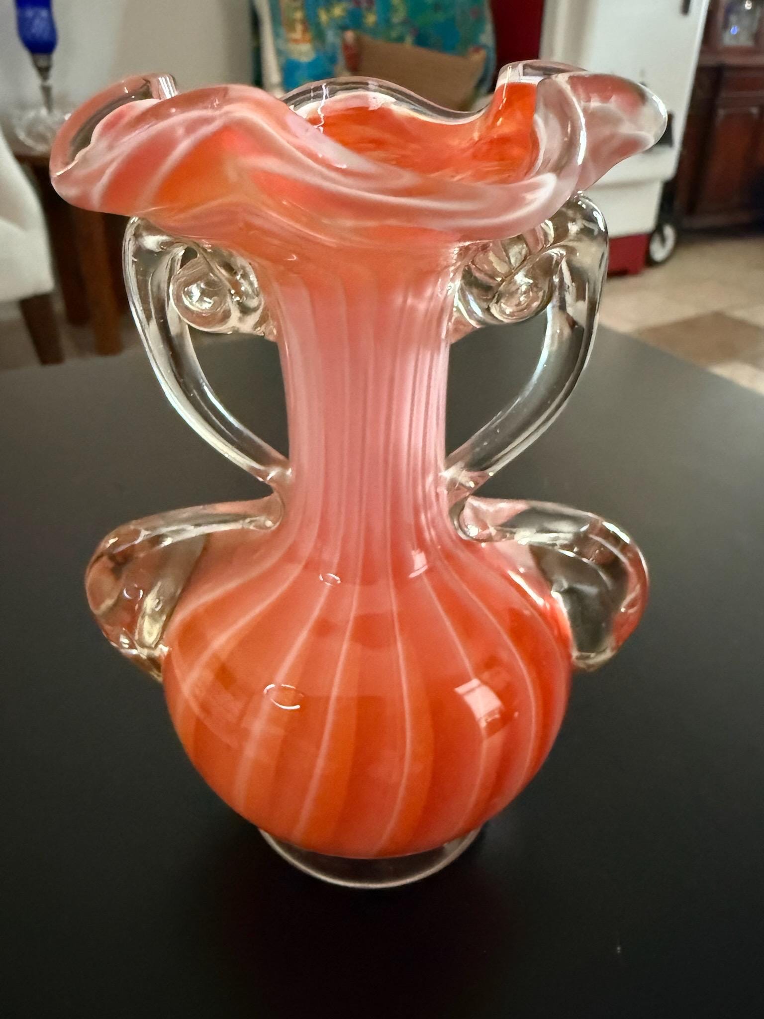 Vintage Murano Latticino Style Glass Vase With Double Handles