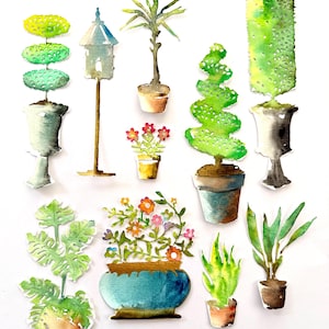 Könnte beinhalten: Ein Aquarellbild von 10 Topfpflanzen, darunter ein Topiary, eine Palme, eine Sukkulente und eine Blühpflanze. Die Pflanzen sind in Grün-, Braun- und Blautönen gemalt.