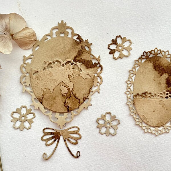 Eco coffee dyed recycled die cut intricate lace pockets flowers and bow for cardmaking scrapbooking junk journaling set of 8 pieces