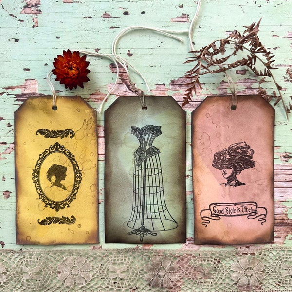 Eco coffee and tea stained and stamped vintage style tags for junk journaling scrapbooking card making mixed media set of 3