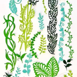 Erbe fustellate / Felci fustellate / Foglie fustellate / Bordi di foglie fustellate / Foglie acquerellate / Erbe acquerellate / Coni fustellati /