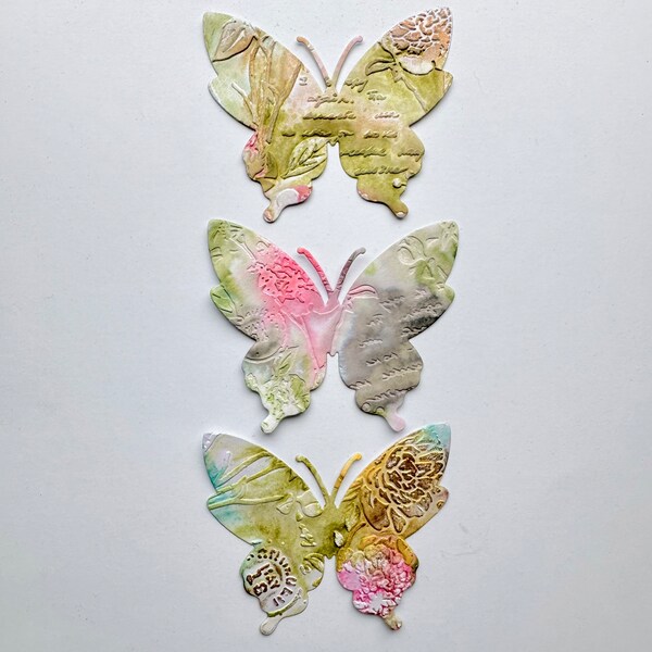 Embossed dioxide inks painted die cut butterflies set of 3 for cardmaking scrapbooking junk journaling mixed media