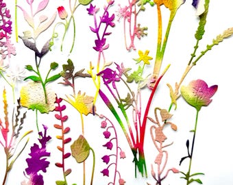 May include: Assortment of colorful paper flowers and foliage cutouts in various shapes and sizes. The flowers are in shades of pink, purple, yellow, and green. The foliage is in shades of green and brown.