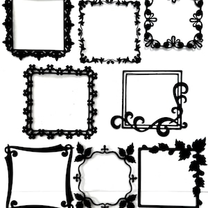 May include: A collection of eight black decorative square frames with various ornate designs. The frames feature floral, leaf, and scroll patterns, perfect for crafting or displaying photos. Each frame has a different border style.
