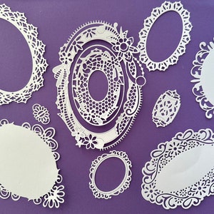 Conjunto de 8 molduras ovais rendadas cortadas e em relevo para fazer cartões, scrapbooking, diário de arte