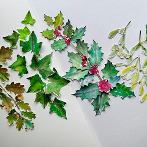 Hojas troqueladas / Hojas y bayas de acuarela / Acebo de acuarela / Acebo troquelado / Hojas de roble troqueladas / Muérdago troquelado /